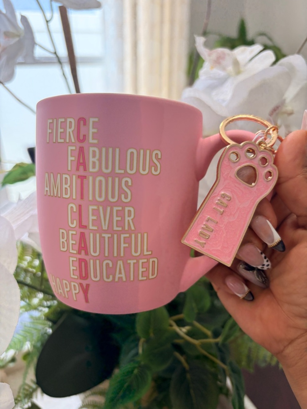 Pink 'Fierce Fabulous Ambitious...' Motivational Mug with Pink Cat lady Keychain